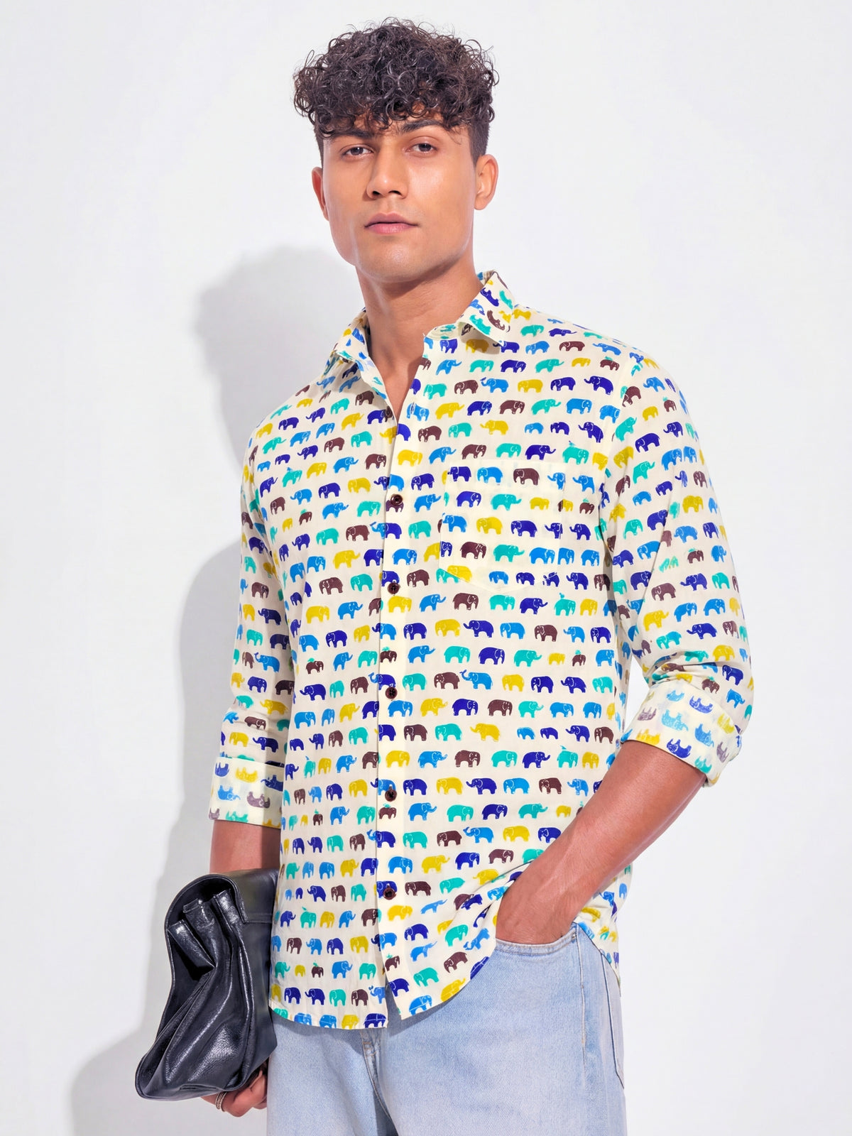 Rainbow Walk Elephants – Full Sleeve Cotton Shirt in Cream & Blue