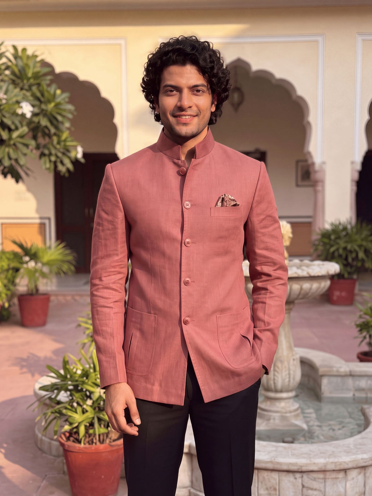 Linen Jodhpuri Bandhgala in Elegant Rose