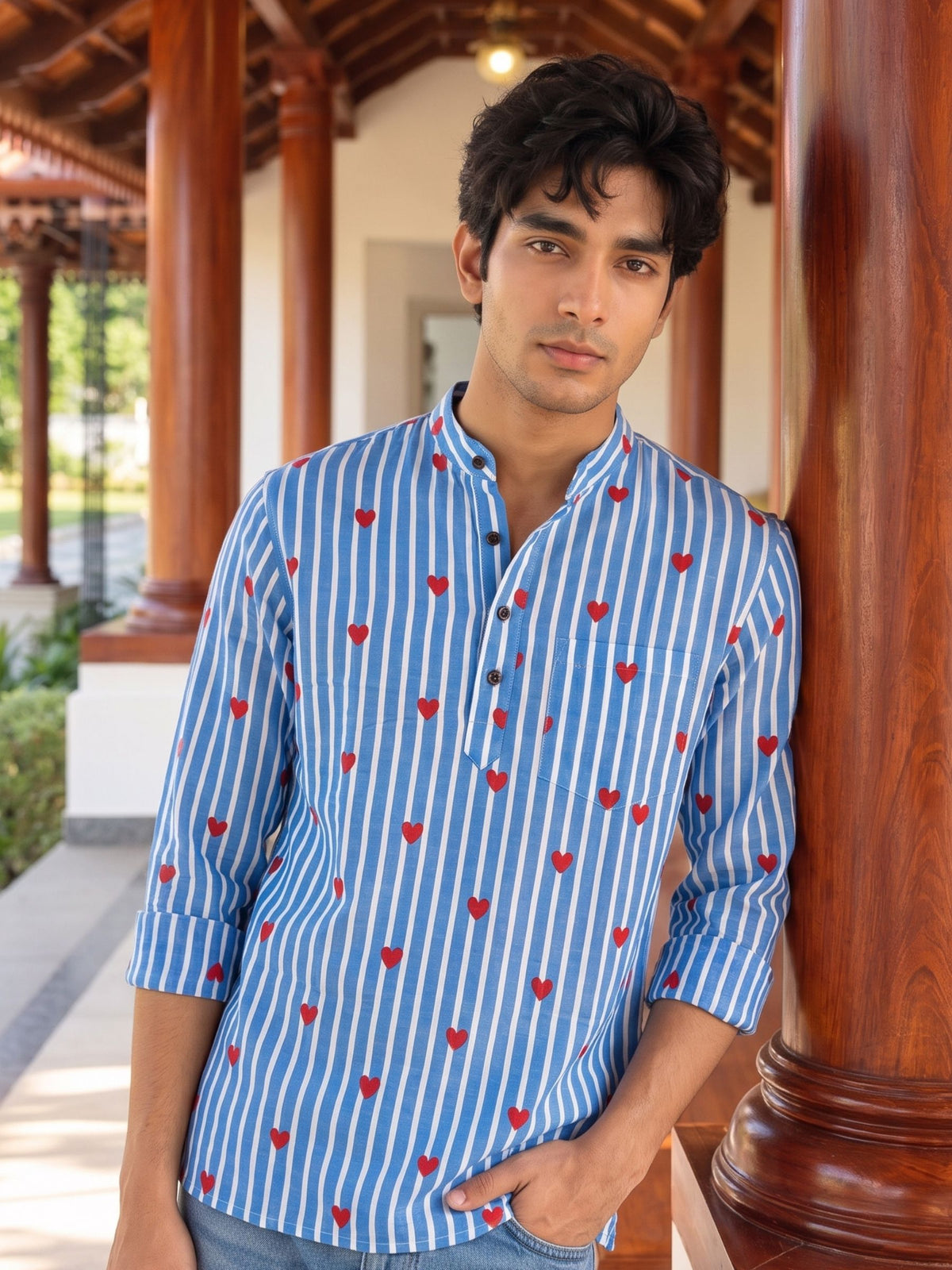 Heartfelt Stripes – Printed Cotton Short Kurta
