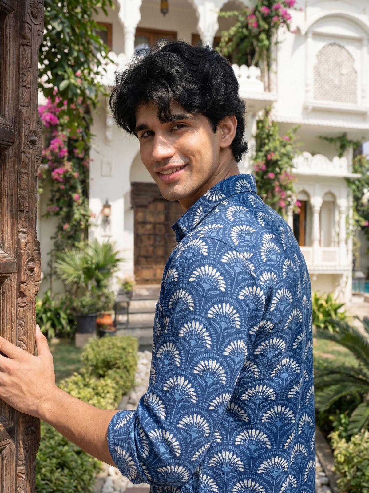 Ocean Bloom – Full Sleeve Cotton Shirt with Blue Floral Print