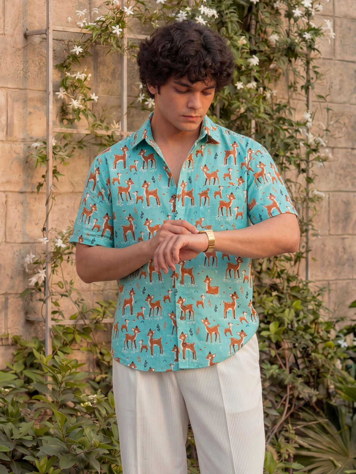 Deer Dance – Printed Cotton Half Sleeve Shirt