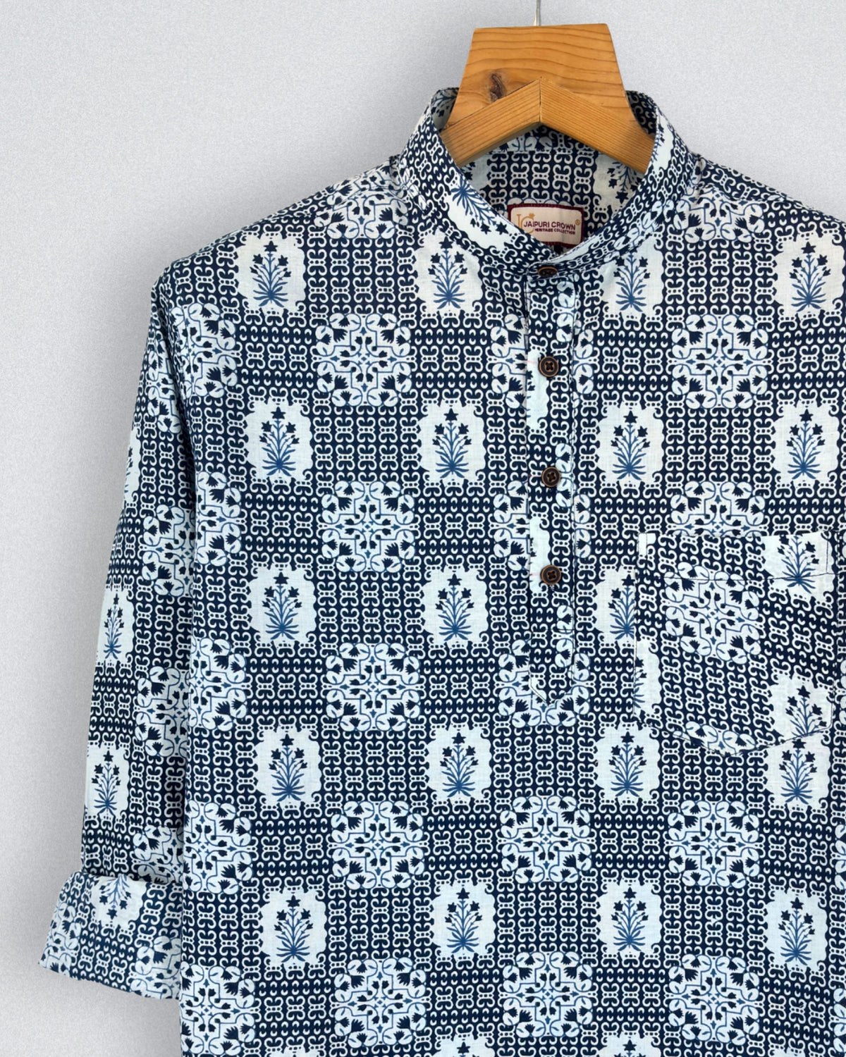 Navy Blossom – Printed Cotton Short Kurta