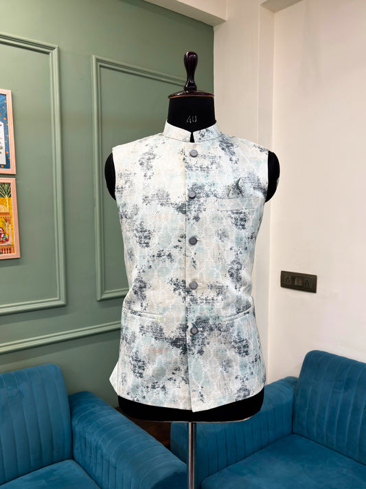 Men Soft White Printed Nehru Jacket