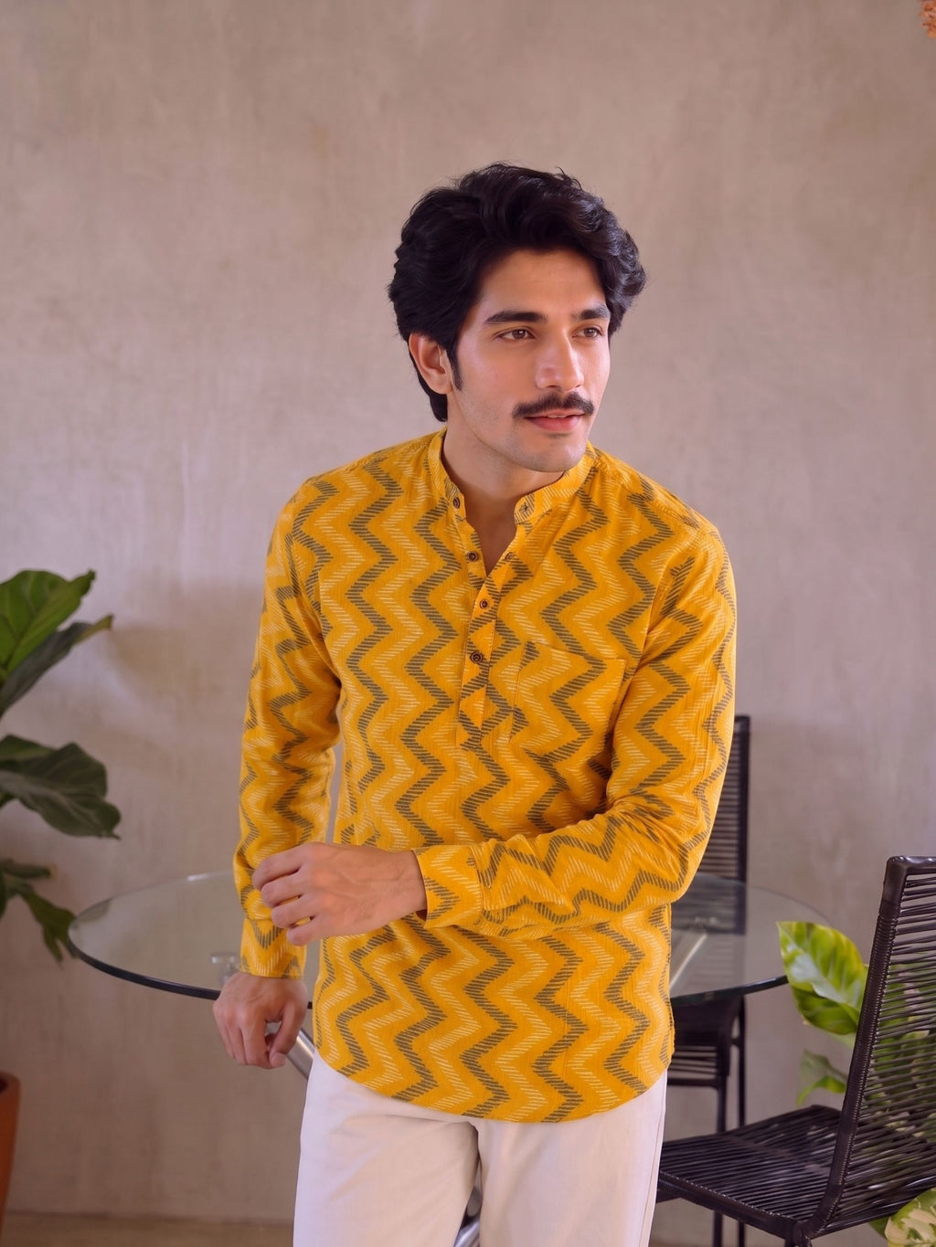 Golden Waves – Men's Printed Cotton Short Kurta