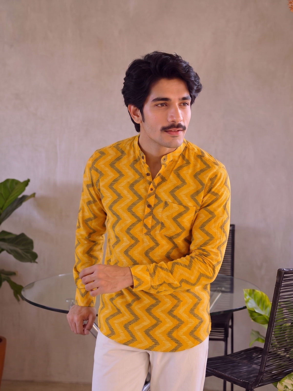 Golden Waves – Men's Printed Cotton Short Kurta