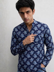 Navy Bloom – Plus Size Printed Cotton Short Kurta
