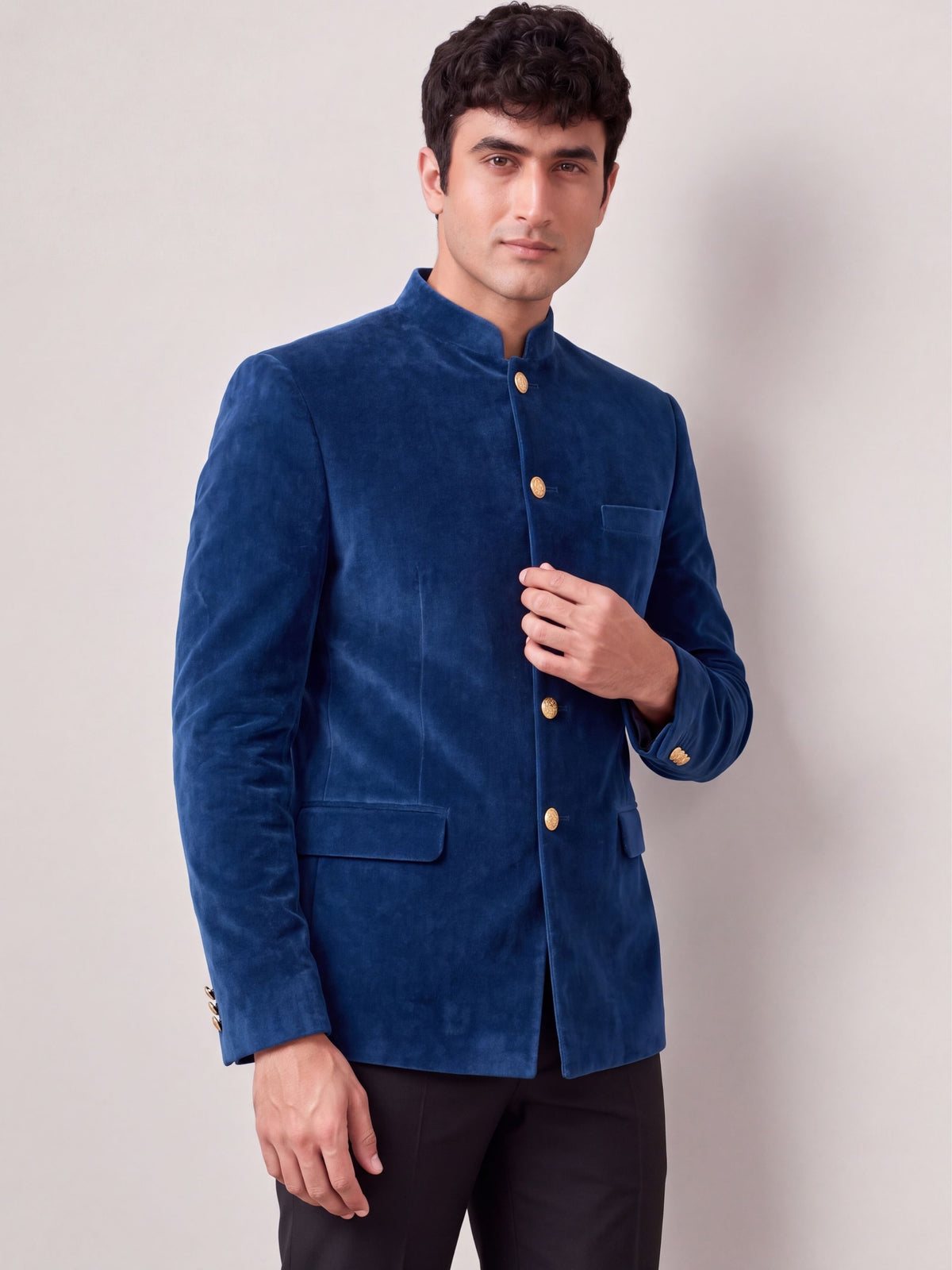 Royal Navy Blue Velvet Jodhpuri Bandhgala