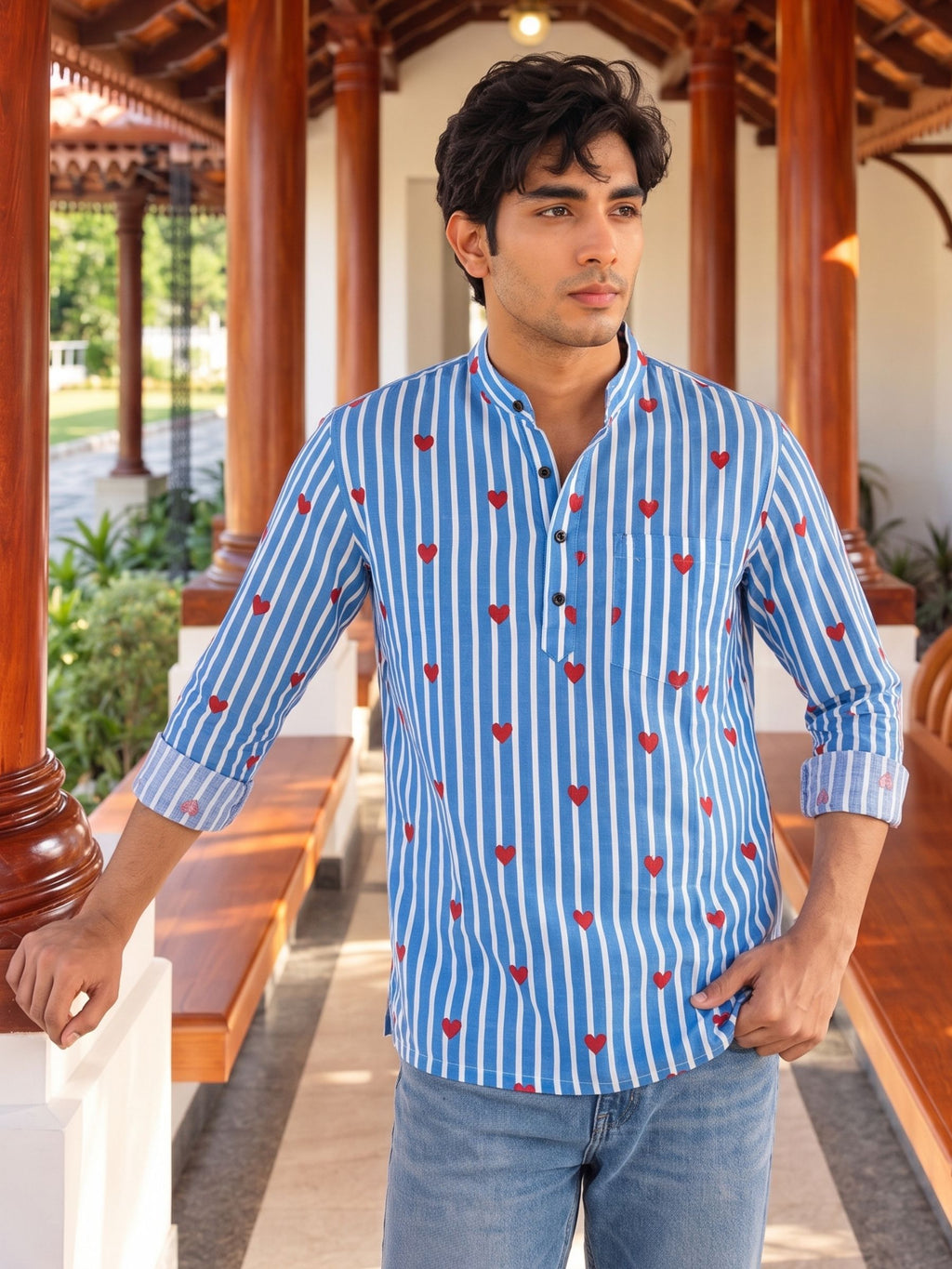 Heartfelt Stripes – Printed Cotton Short Kurta