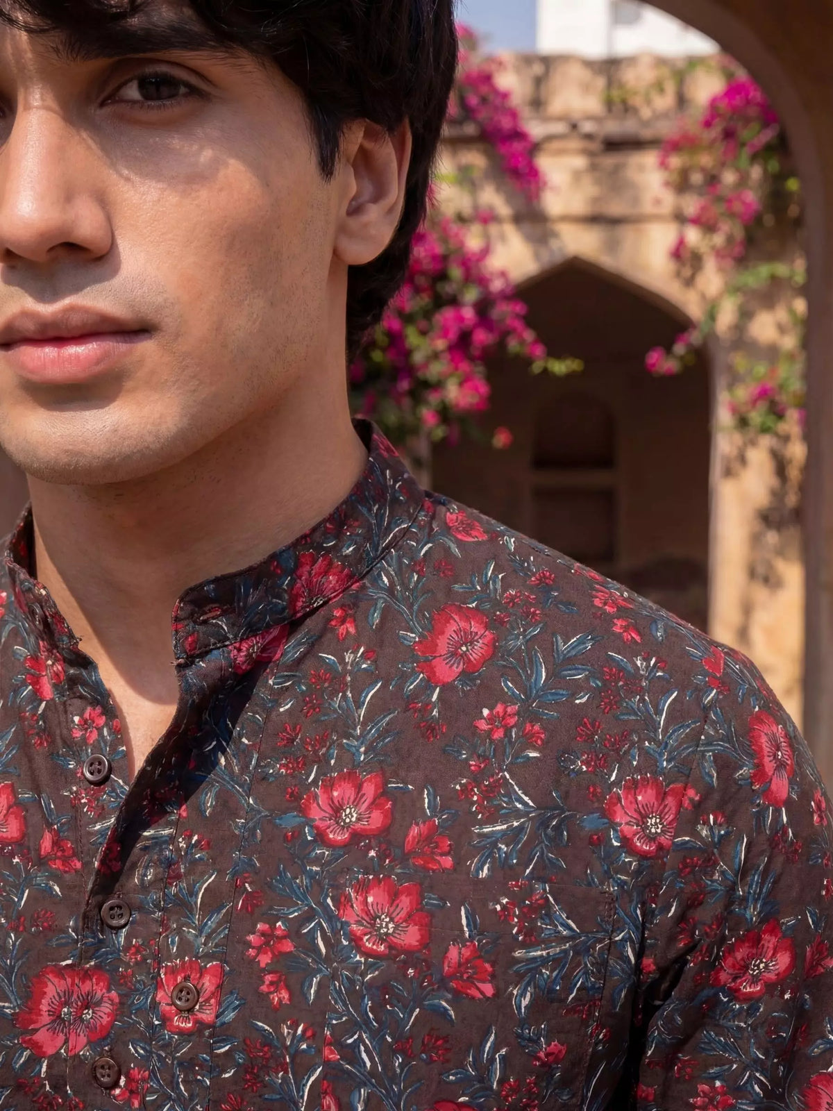 Floral Fantasy – Printed Cotton Short Kurta in Maroon & Blue