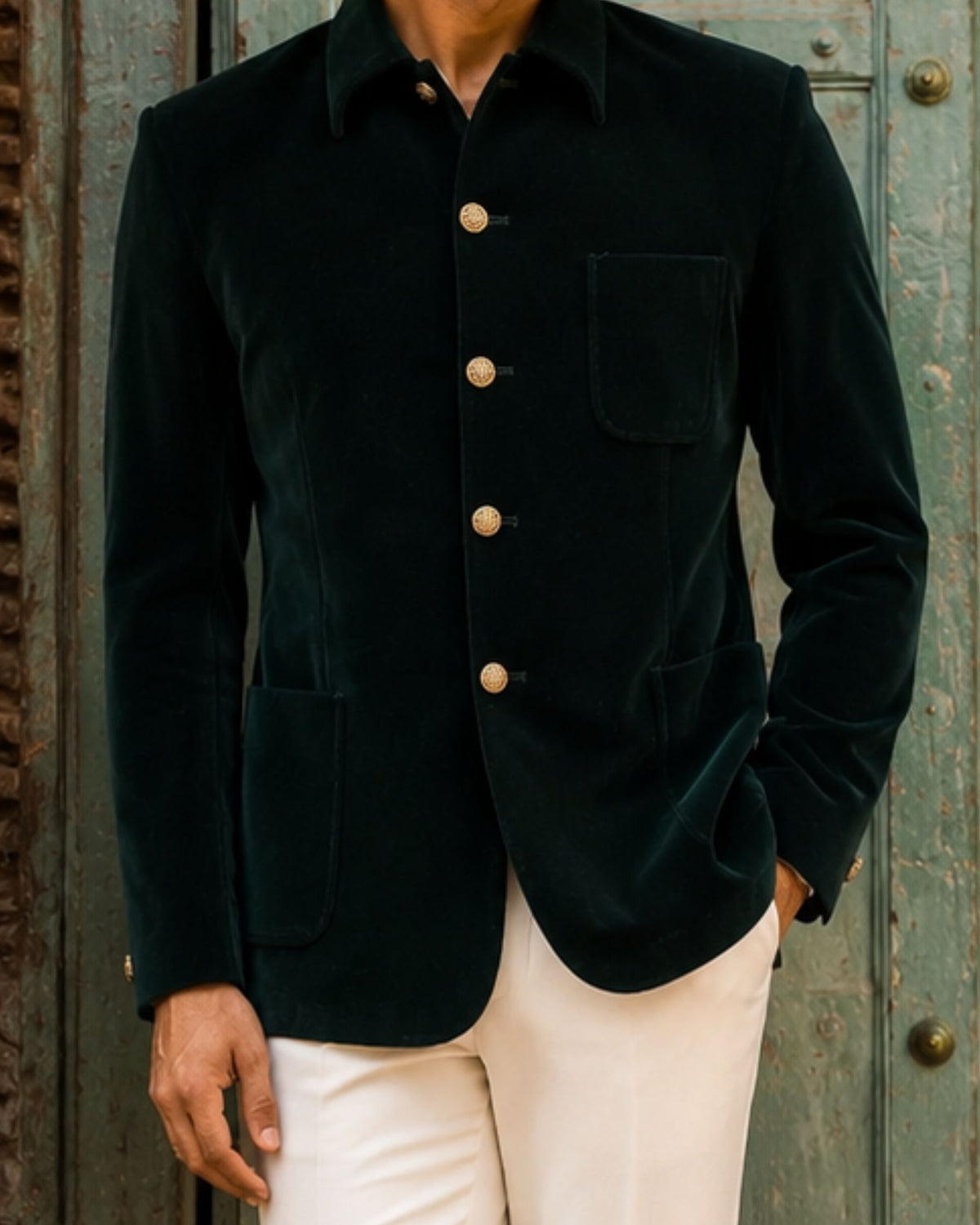 Velvet Modern Collor Jodhpuri - Green