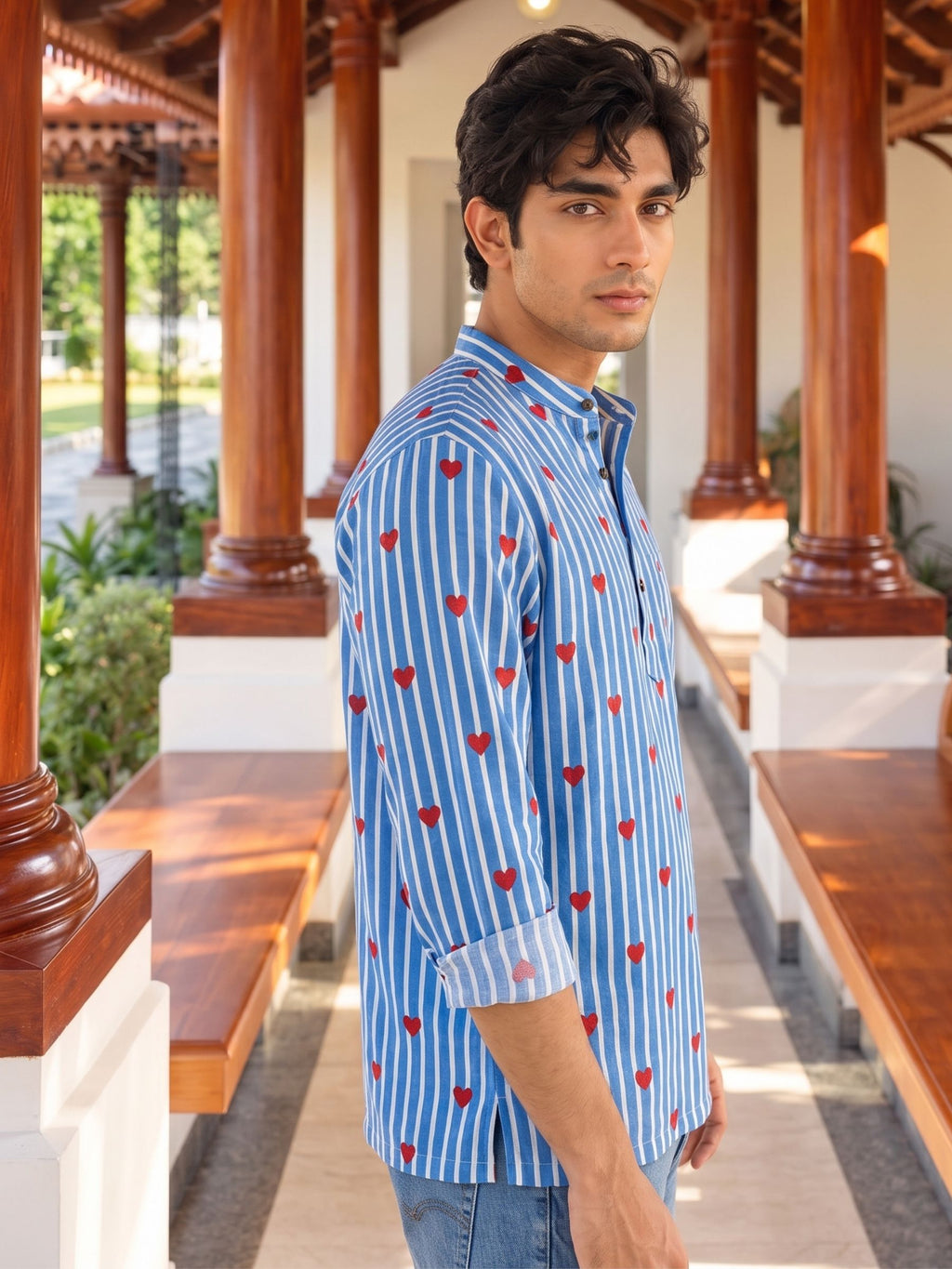 Heartfelt Stripes – Printed Cotton Short Kurta