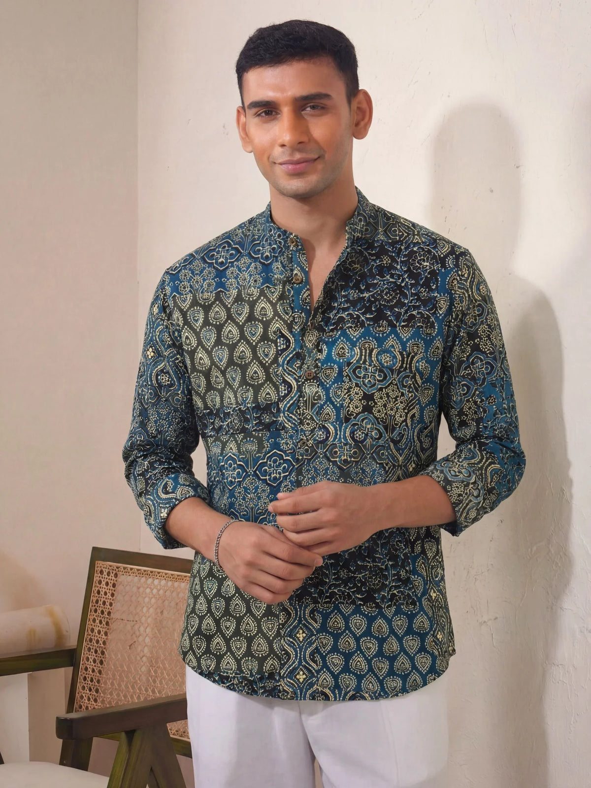 Floral Charm – Printed Cotton Short Kurta in Blue & Gold