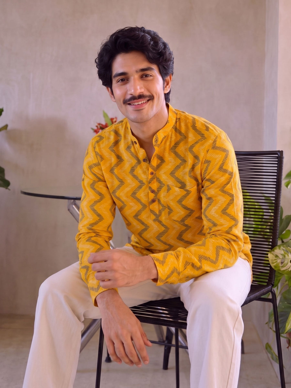 Golden Waves – Men's Printed Cotton Short Kurta