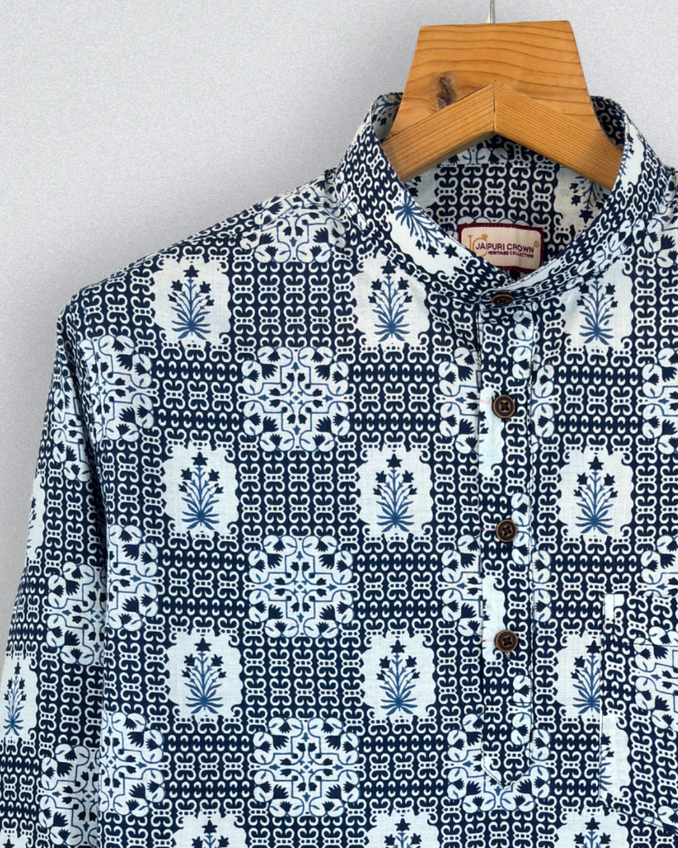Navy Blossom – Printed Cotton Short Kurta