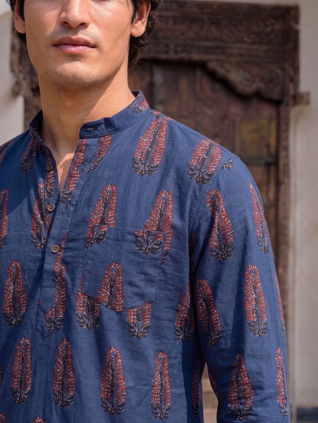 Cultural Charm – Printed Cotton Short Kurta in Navy & Red