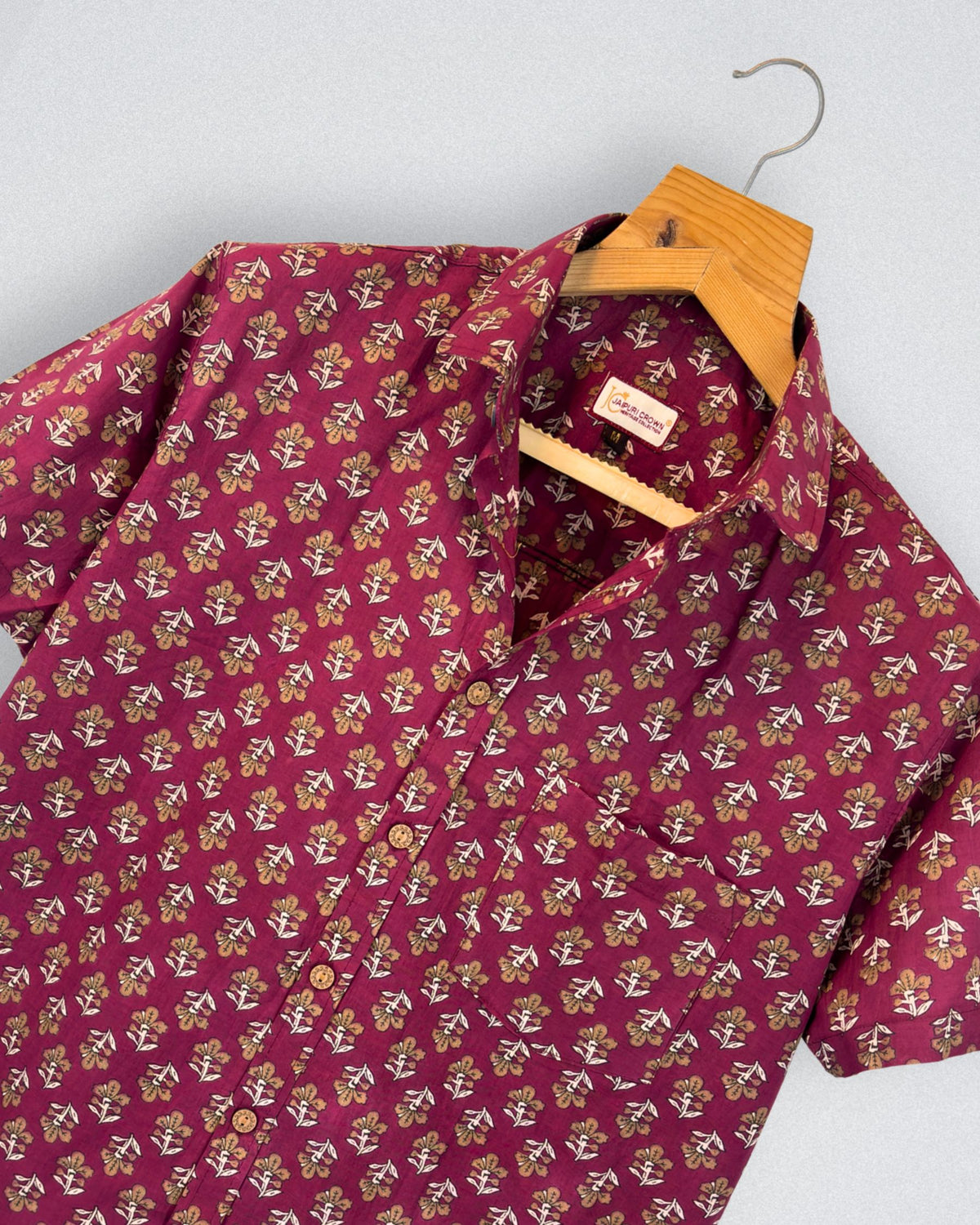 Floral Elegance – Printed Cotton Half Sleeve in Maroon