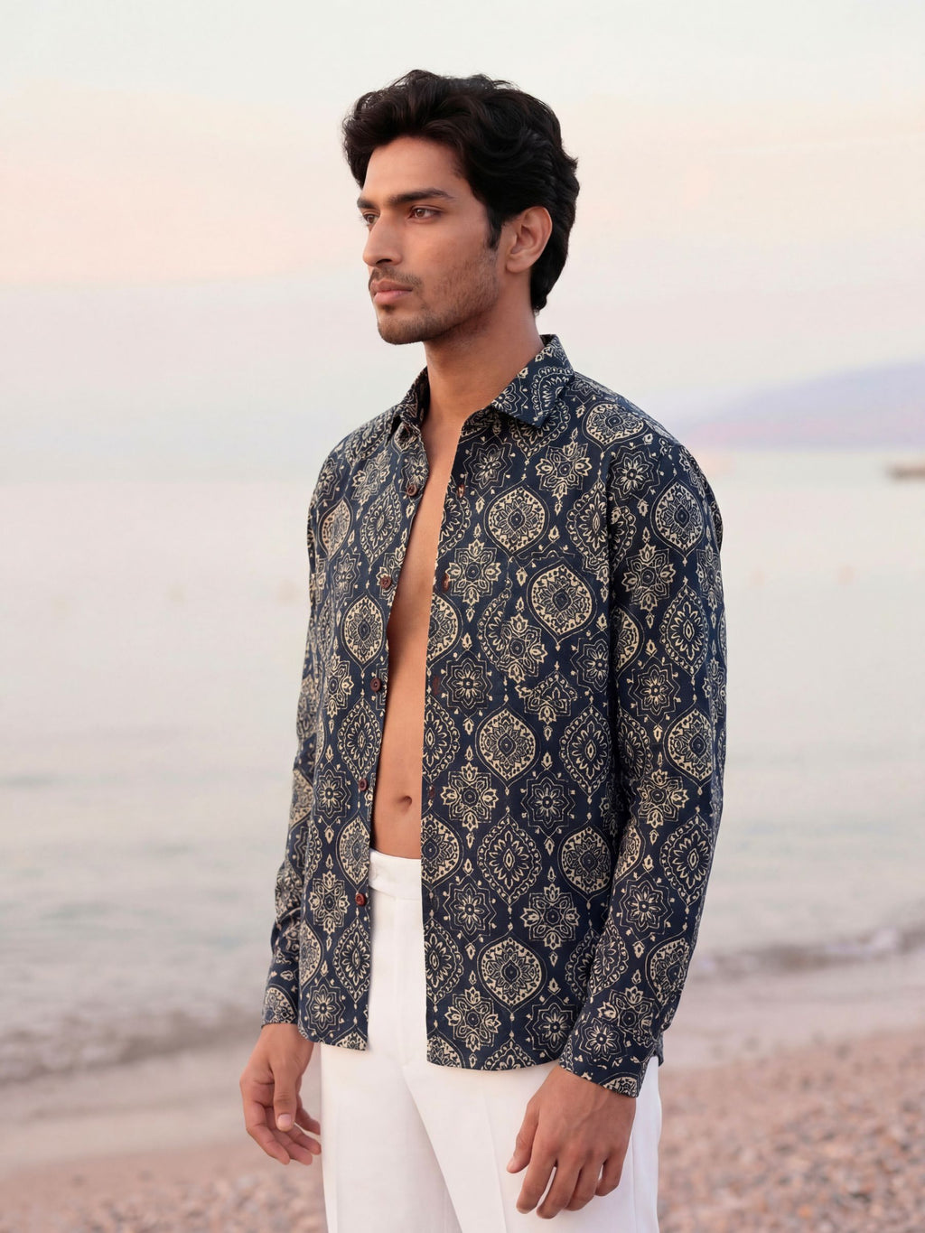 Navy Elegance – Printed Full Sleeve Cotton Shirt