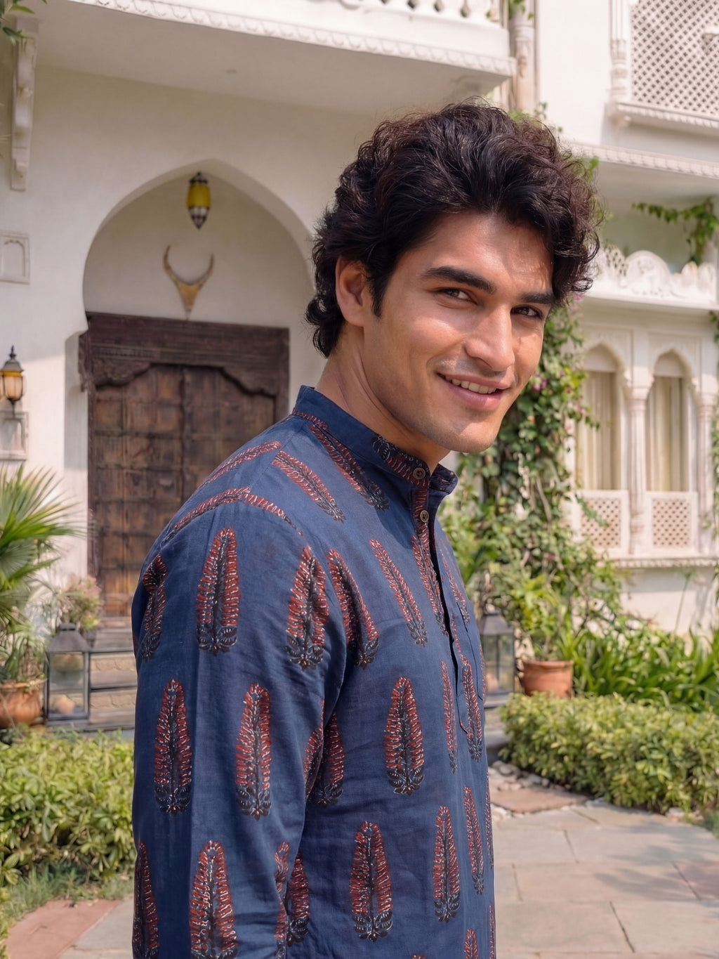 Cultural Charm – Printed Cotton Short Kurta in Navy & Red