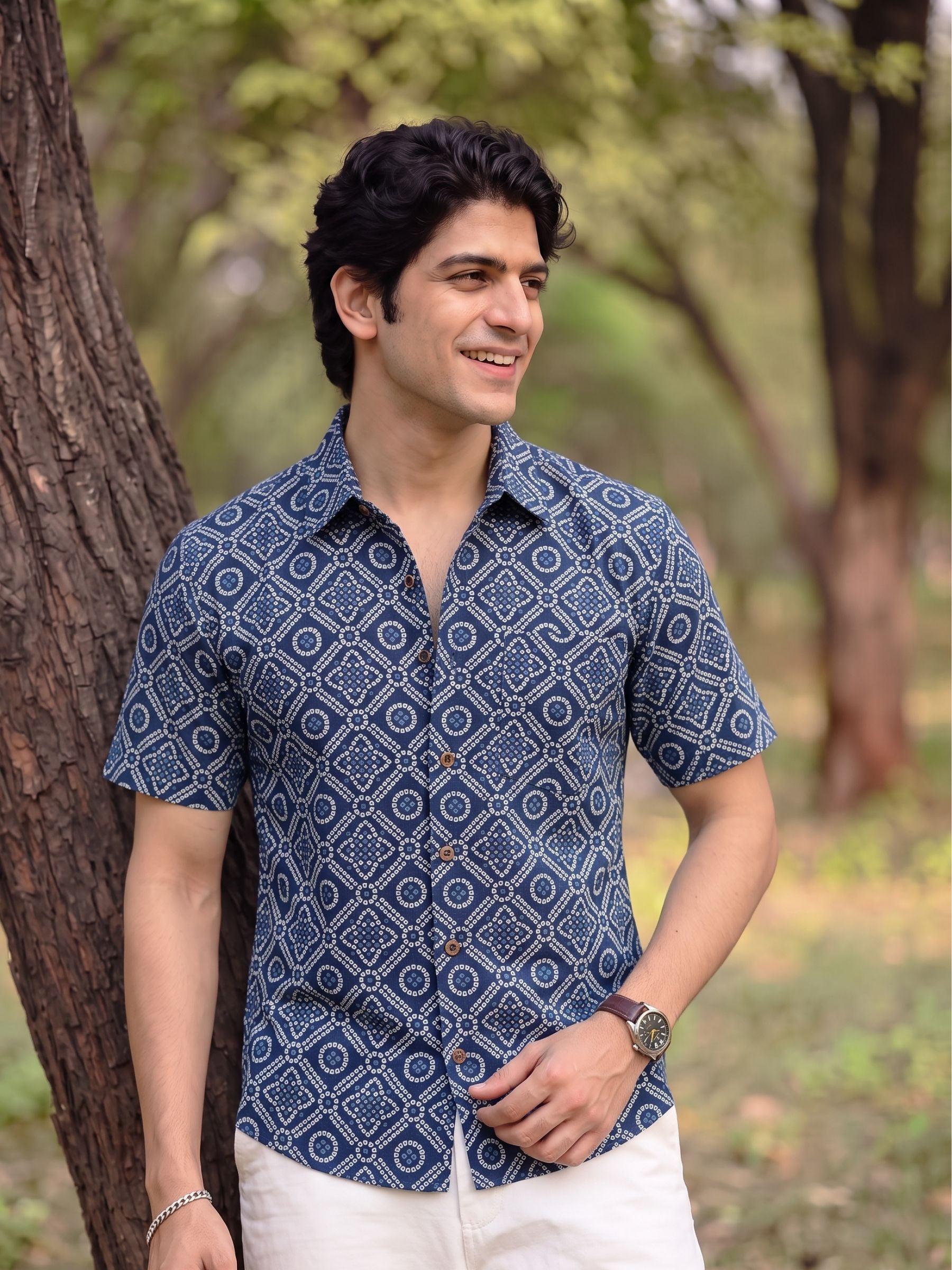 Navy Fusion – Half Sleeve Printed Cotton Shirt