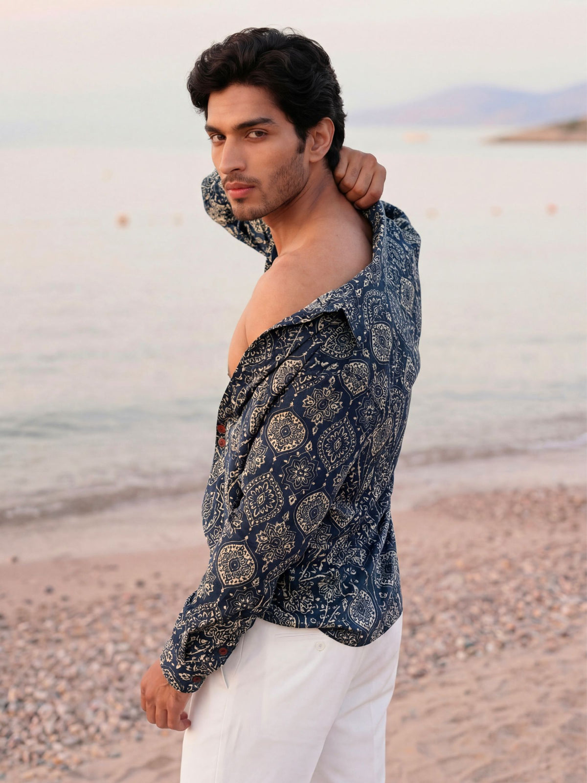 Navy Elegance – Printed Full Sleeve Cotton Shirt
