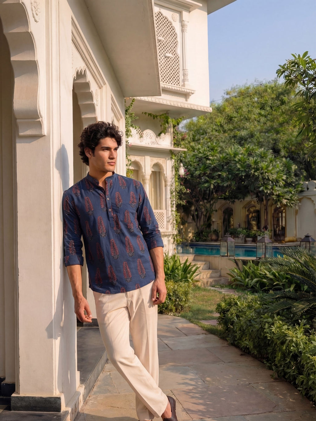 Cultural Charm – Printed Cotton Short Kurta in Navy & Red