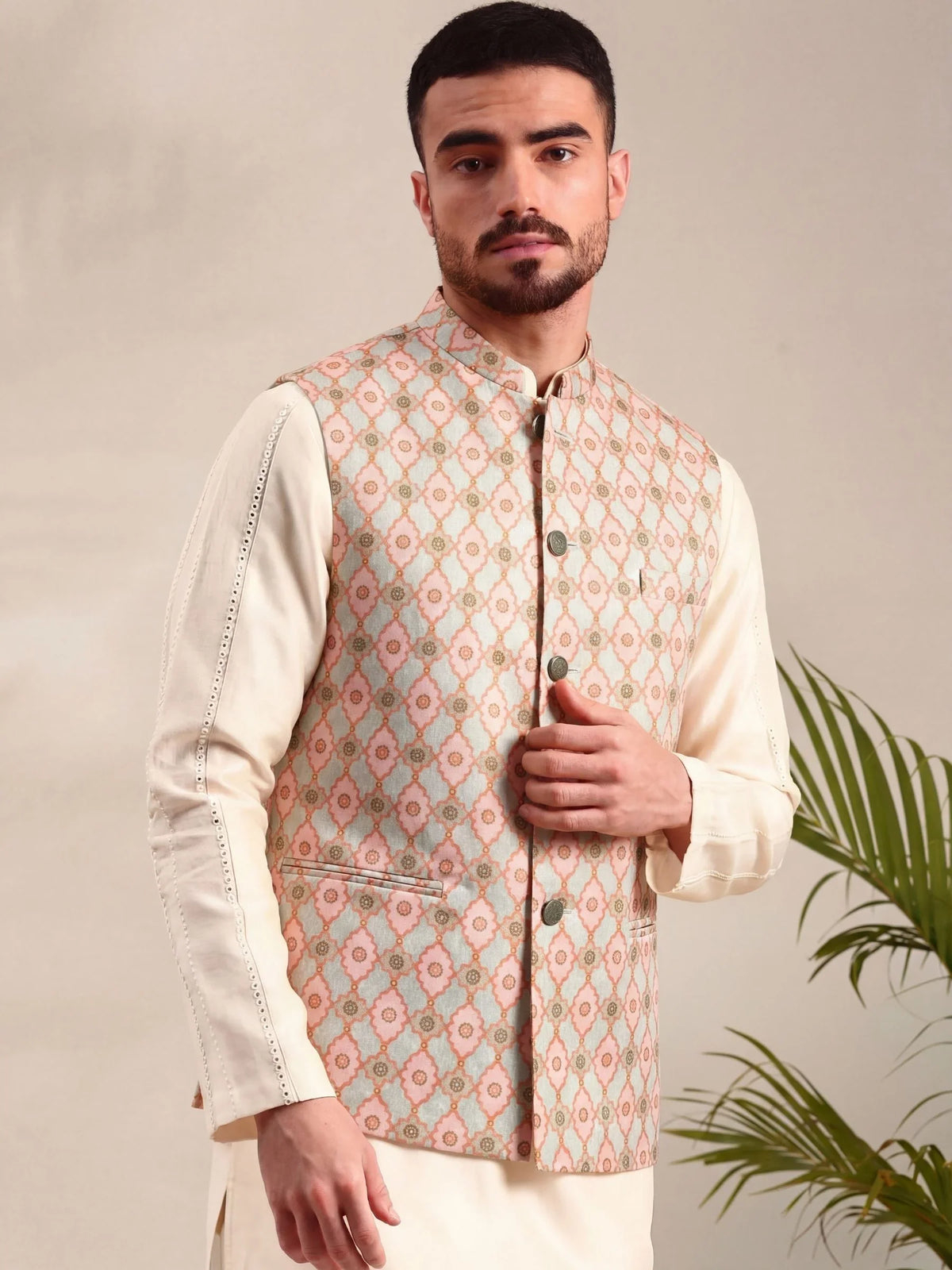 Men Pastel Grey Printed Nehru Jacket