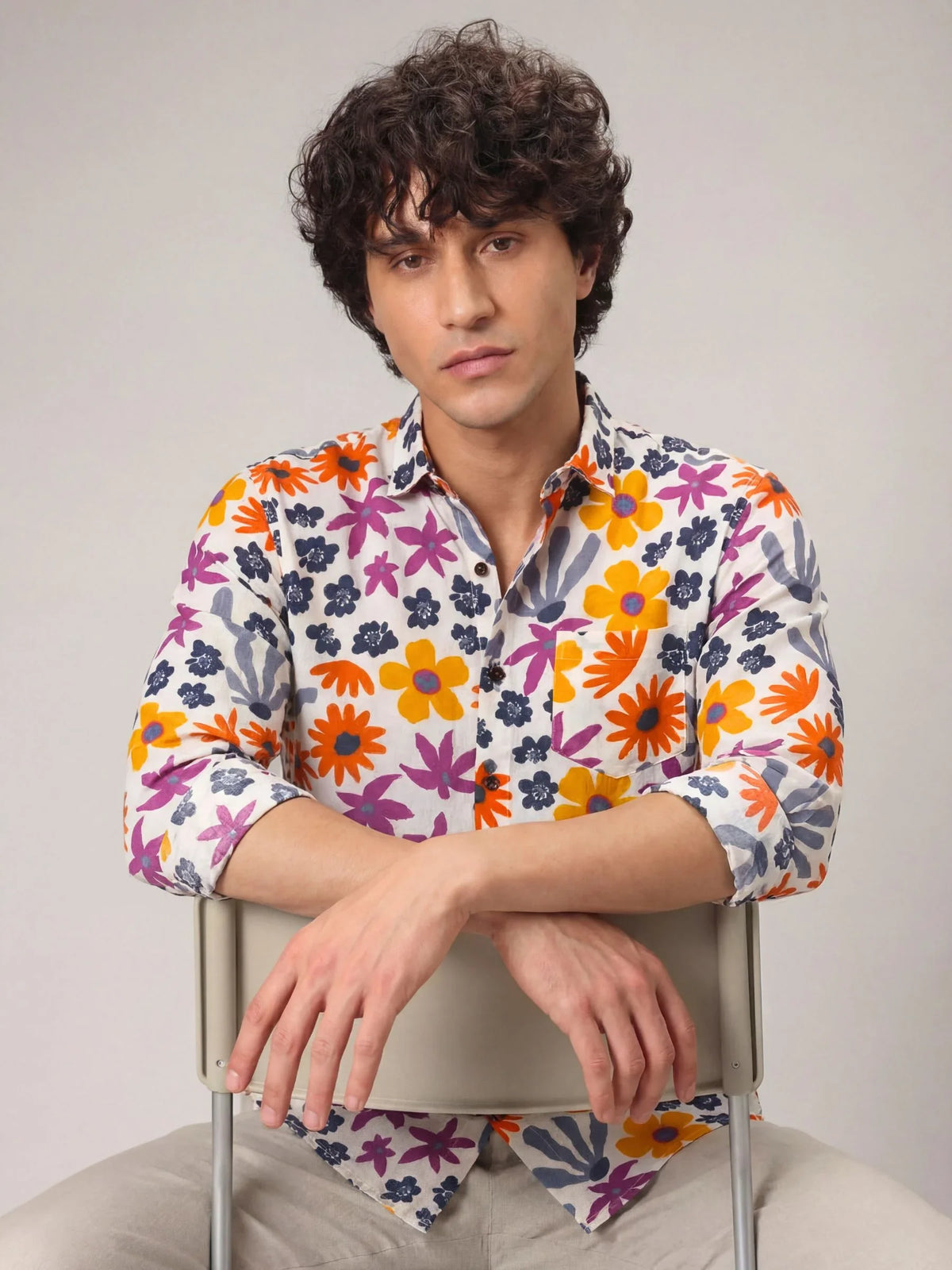 Floral Breeze – Printed Cotton Full Sleeve in Blue & Orange