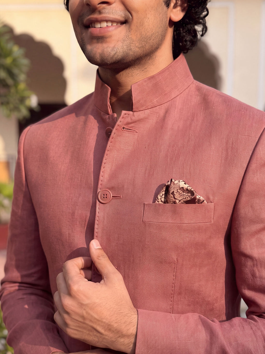 Linen Jodhpuri Bandhgala in Elegant Rose