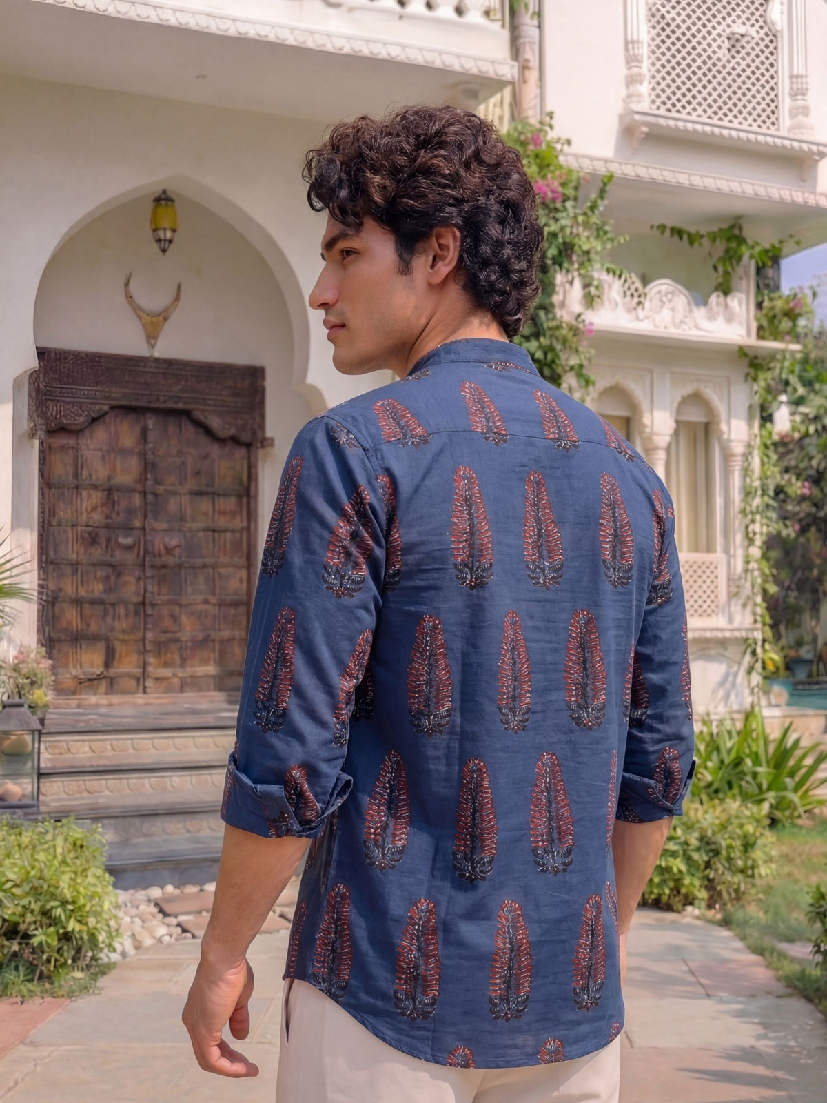 Cultural Charm – Printed Cotton Short Kurta in Navy & Red