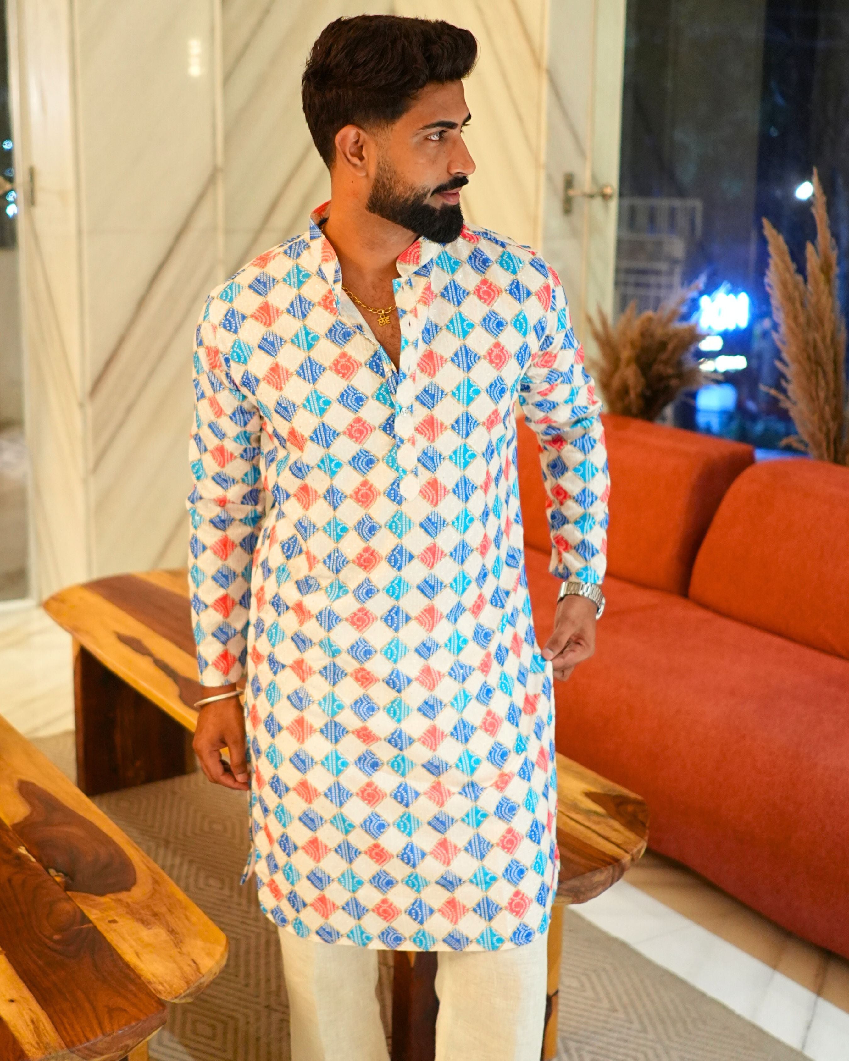 Bandhej White Printed Kurta