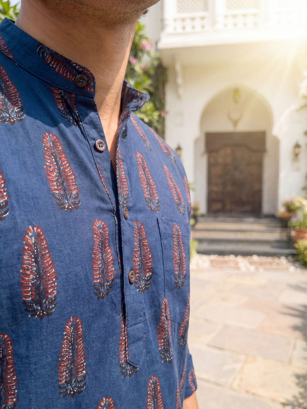 Cultural Charm – Printed Cotton Short Kurta in Navy & Red
