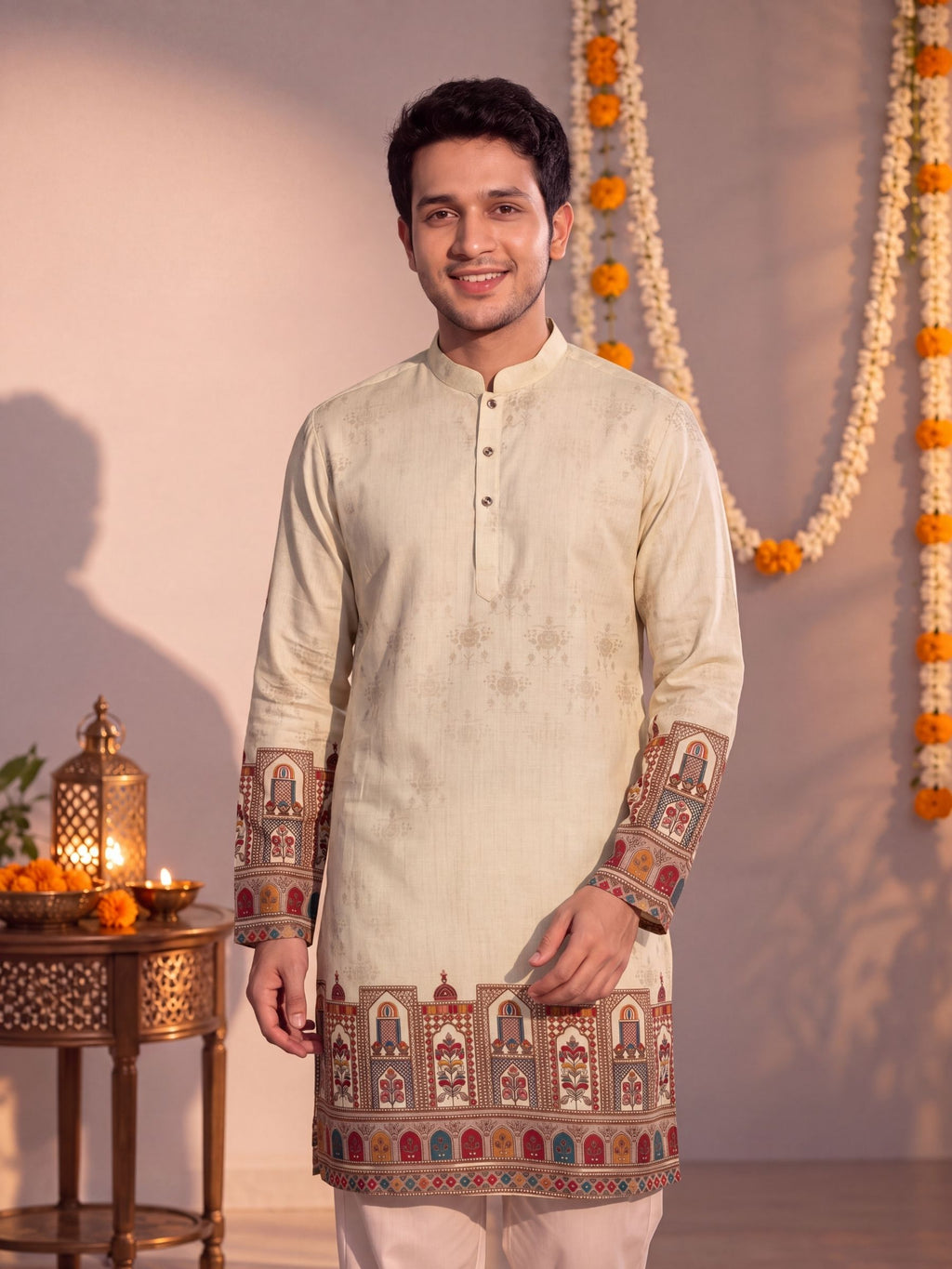 Ivory Daman Work – Textured Printed Long Kurta