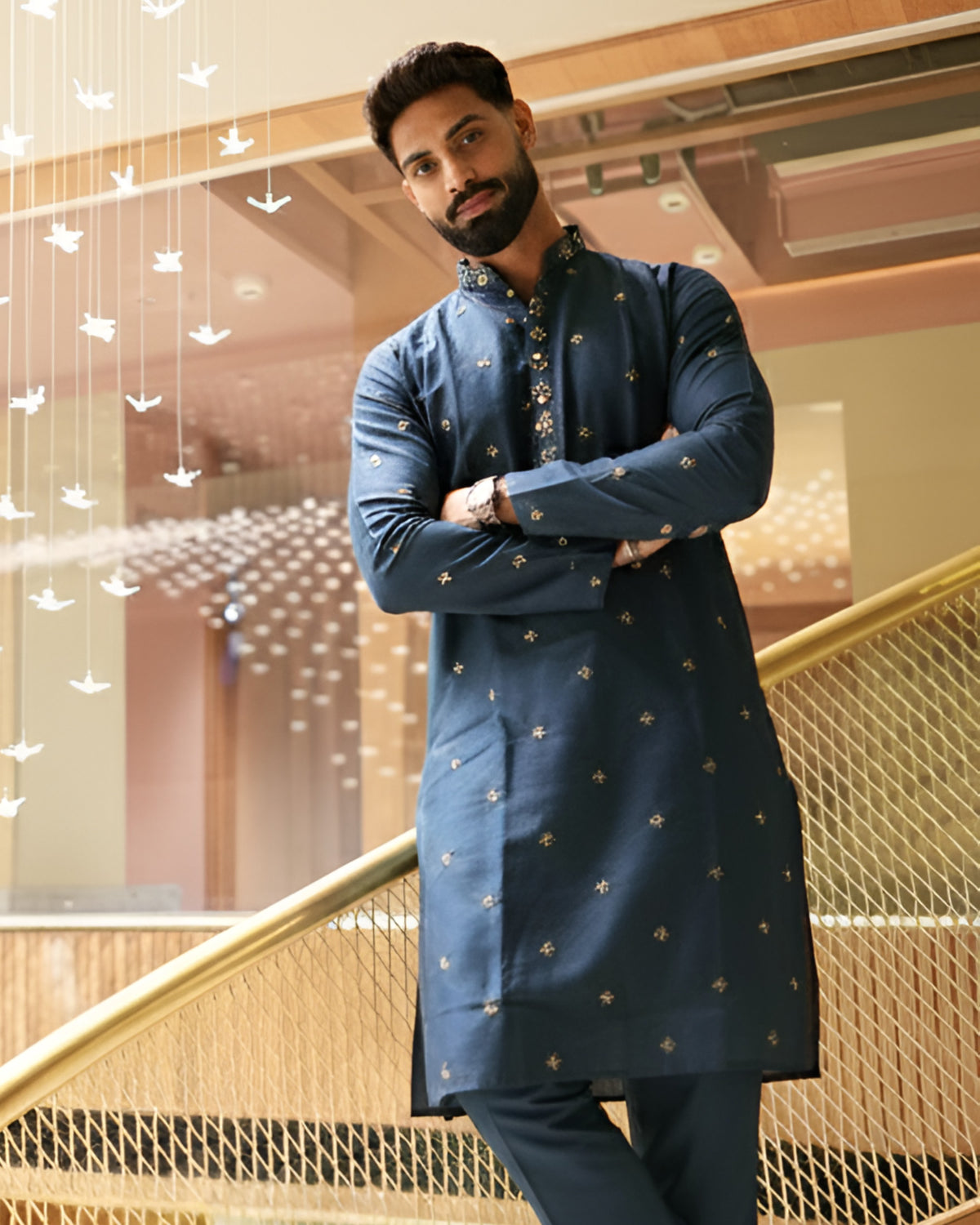 Men’s Heavy Designer Long Kurta Pajama – Midnight Blue Embroidered