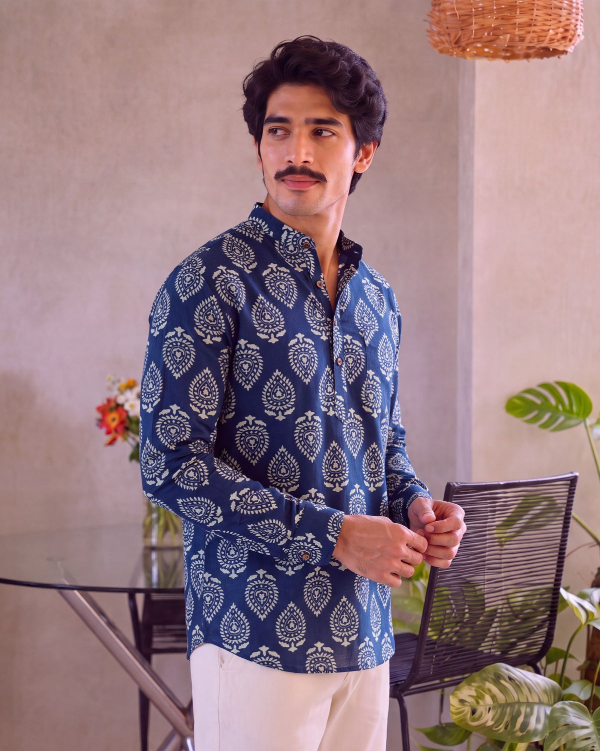 Navy Elegance – Printed Cotton Short Kurta