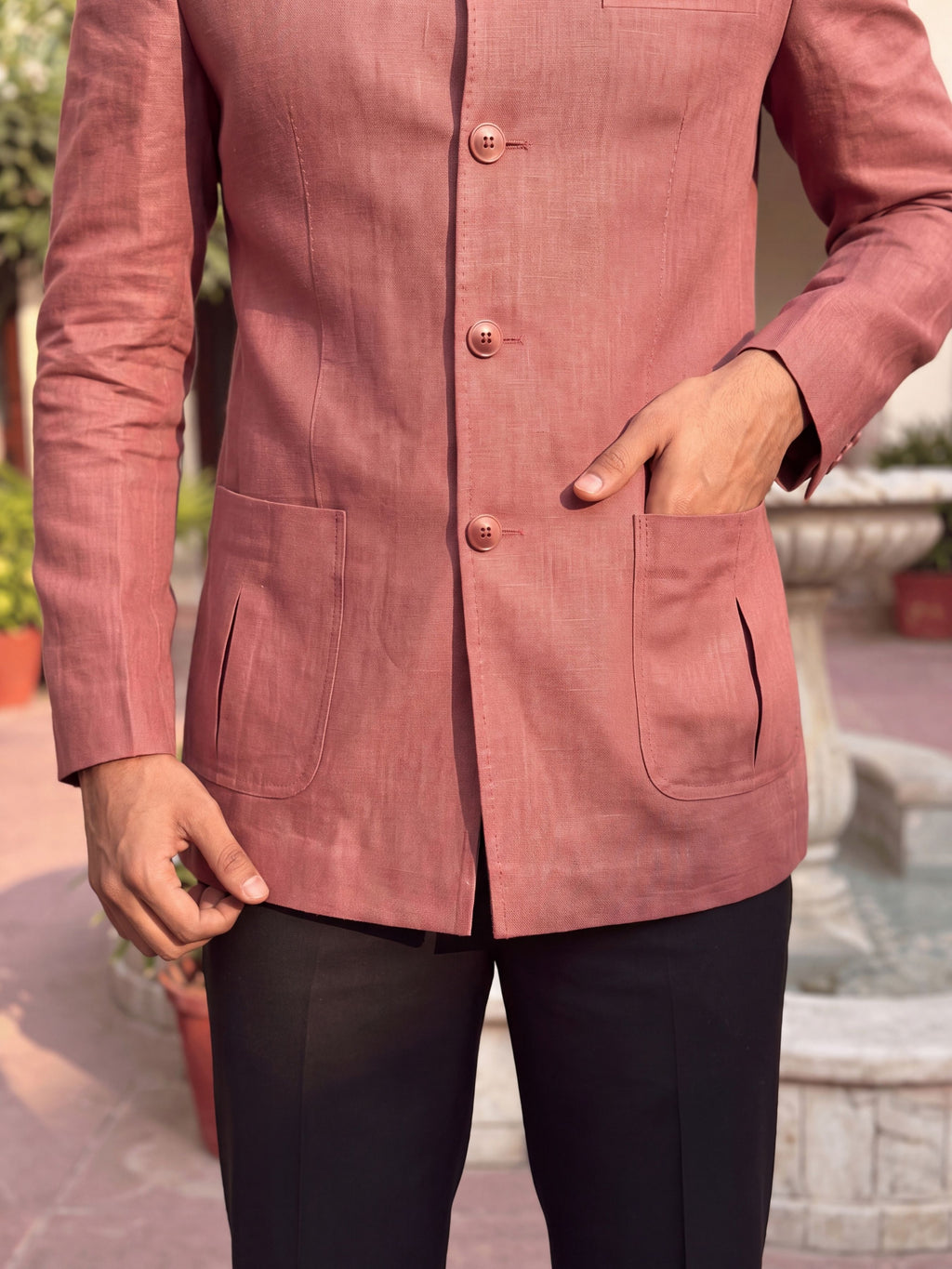 Linen Jodhpuri Bandhgala in Elegant Rose