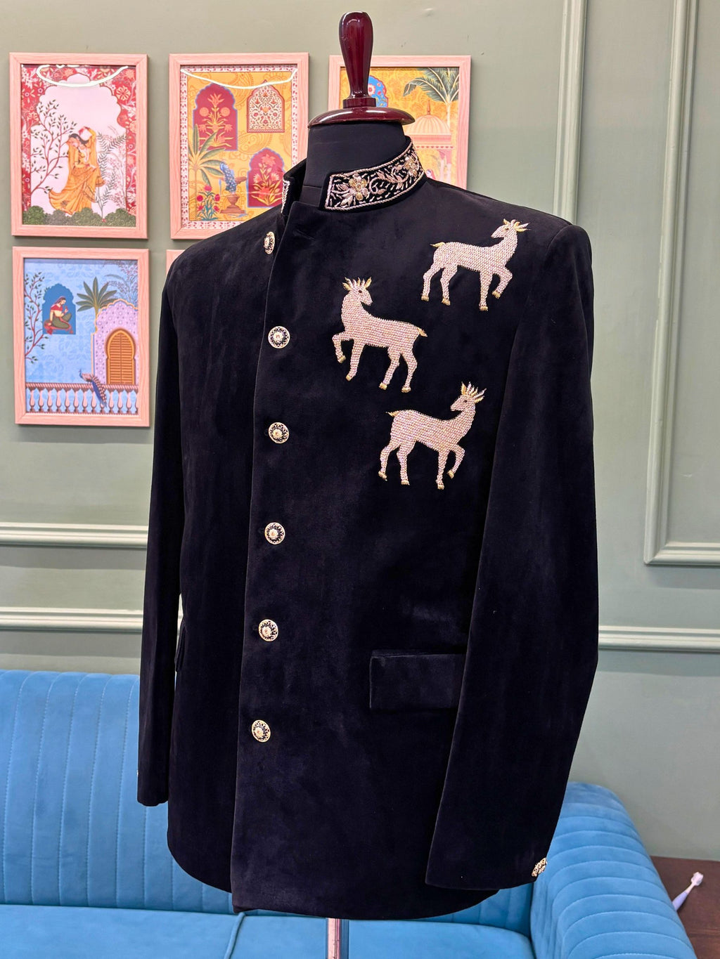 Royal Black Velvet Deer Embroidered Jodhpuri Bandhgala
