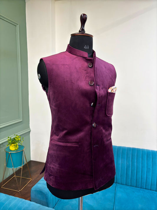 Men's Wine Velvet Nehru Jacket