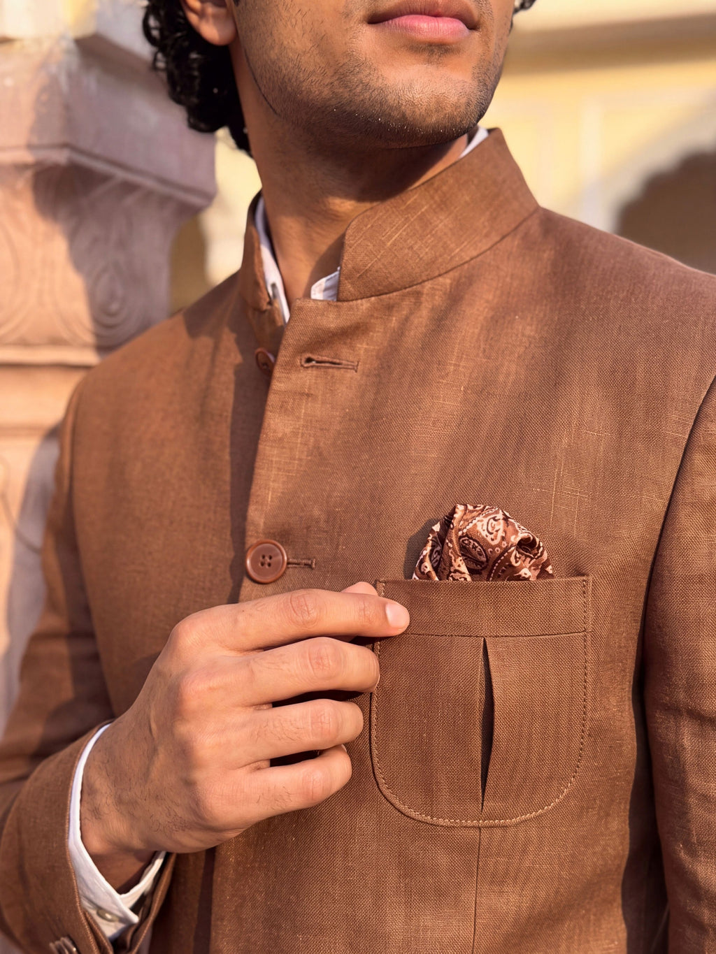 Linen Jodhpuri Bandhgala - Rich brown