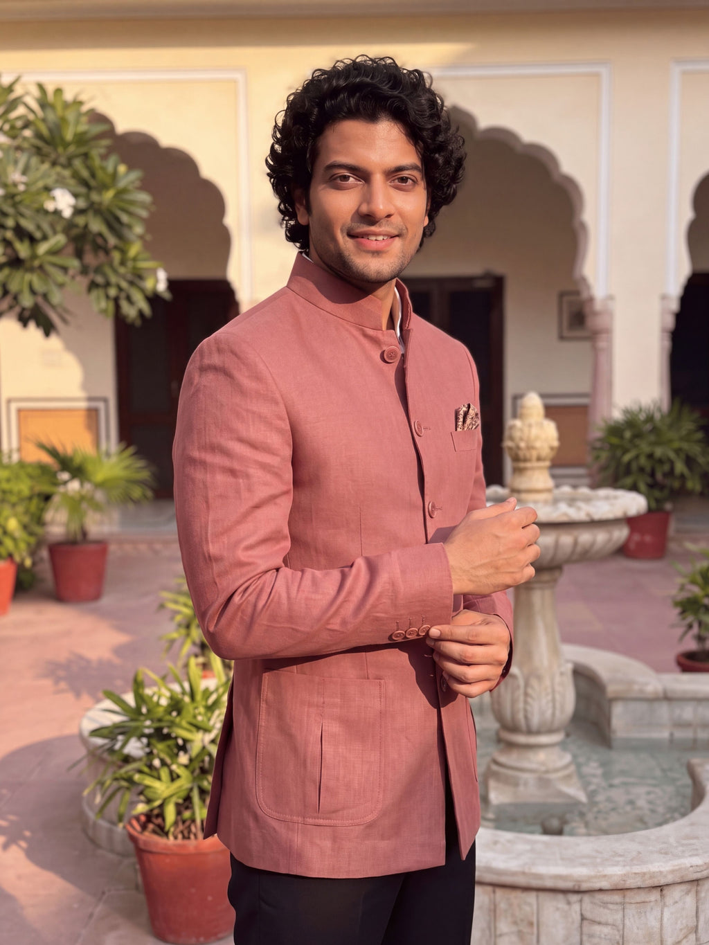 Linen Jodhpuri Bandhgala in Elegant Rose