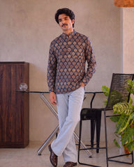 Navy Blooms – Printed Cotton Short Kurta