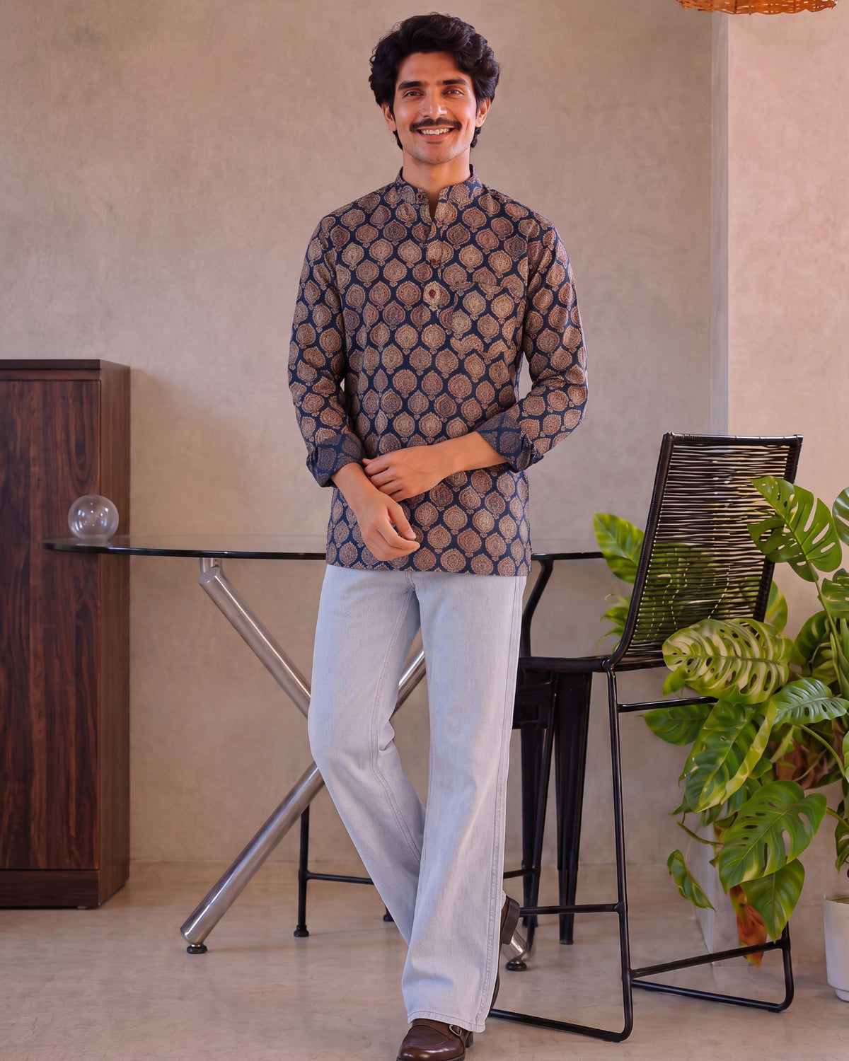 Navy Blooms – Printed Cotton Short Kurta