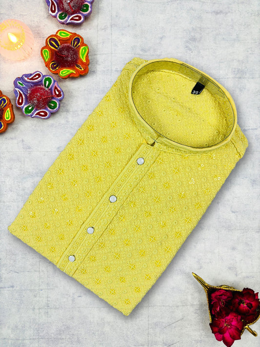 Lemon Yellow Square Lucknowi Kurta