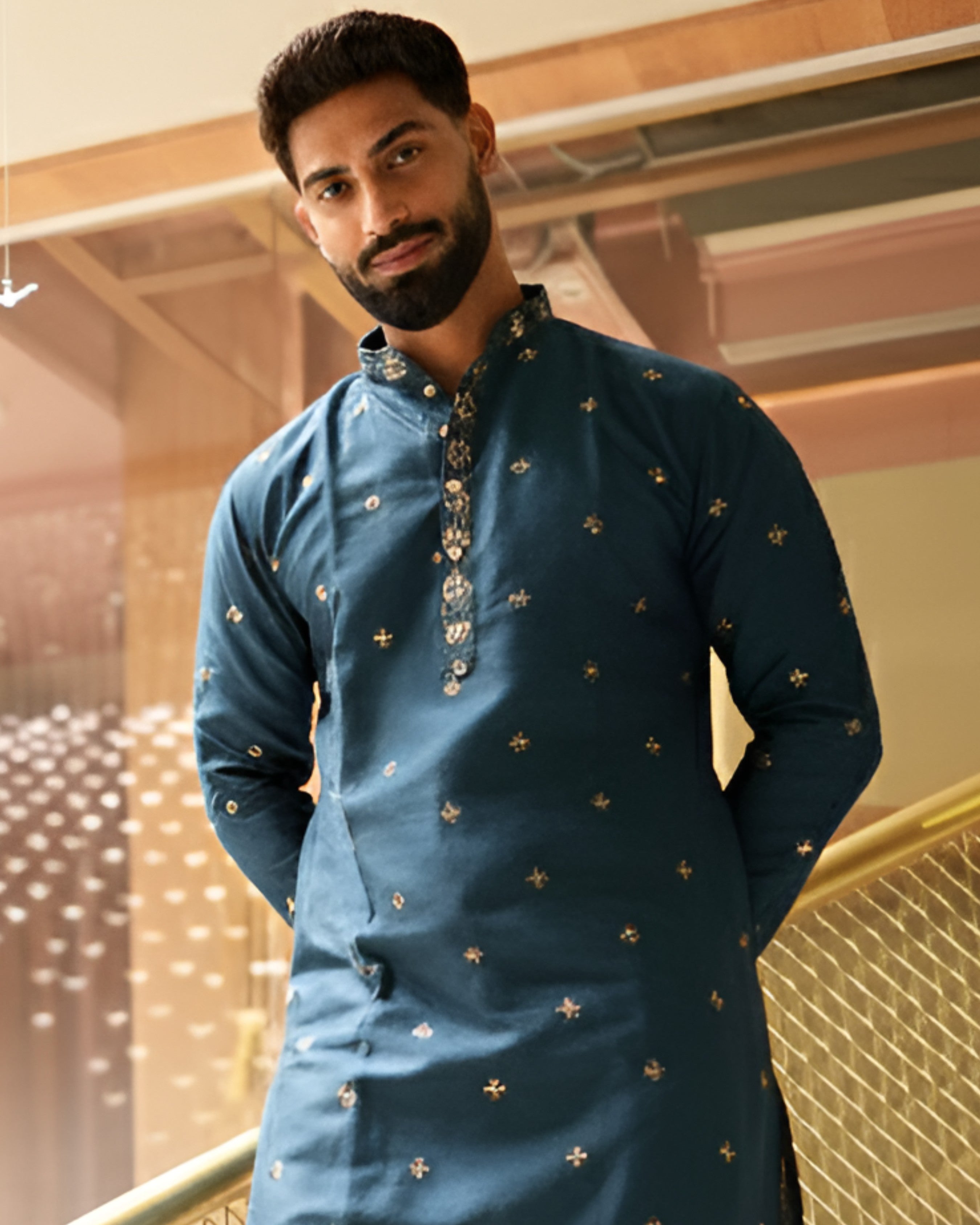 Men’s Heavy Designer Long Kurta Pajama – Midnight Blue Embroidered