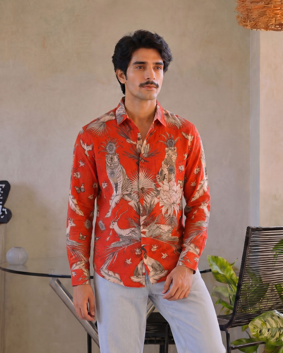 Crimson Jungle – Printed Cotton Full Sleeve Shirt