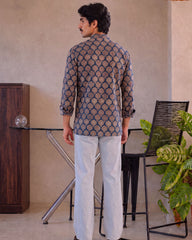 Navy Blooms – Printed Cotton Short Kurta