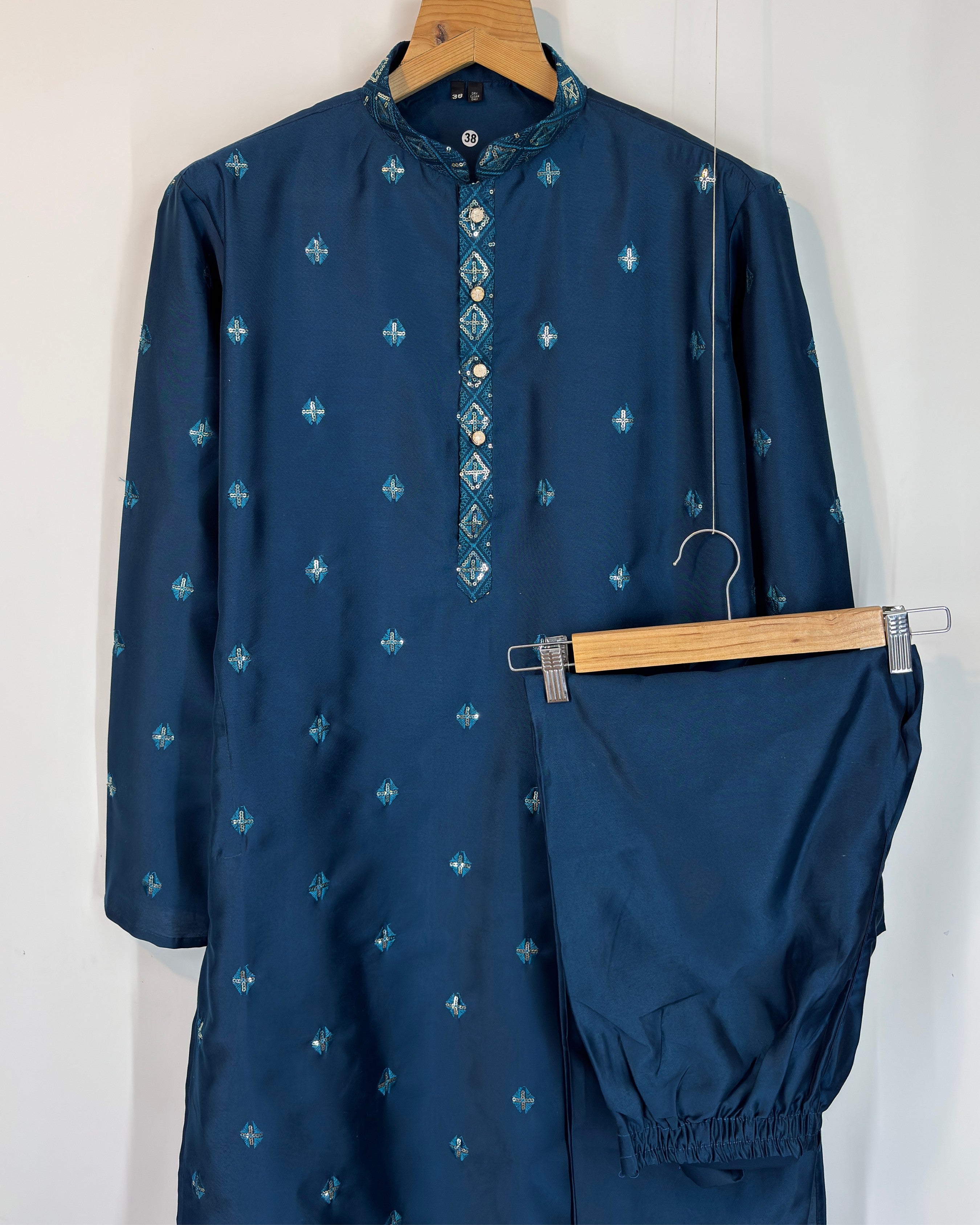 Men’s Heavy Designer Long Kurta Pajama – Midnight Blue Embroidered