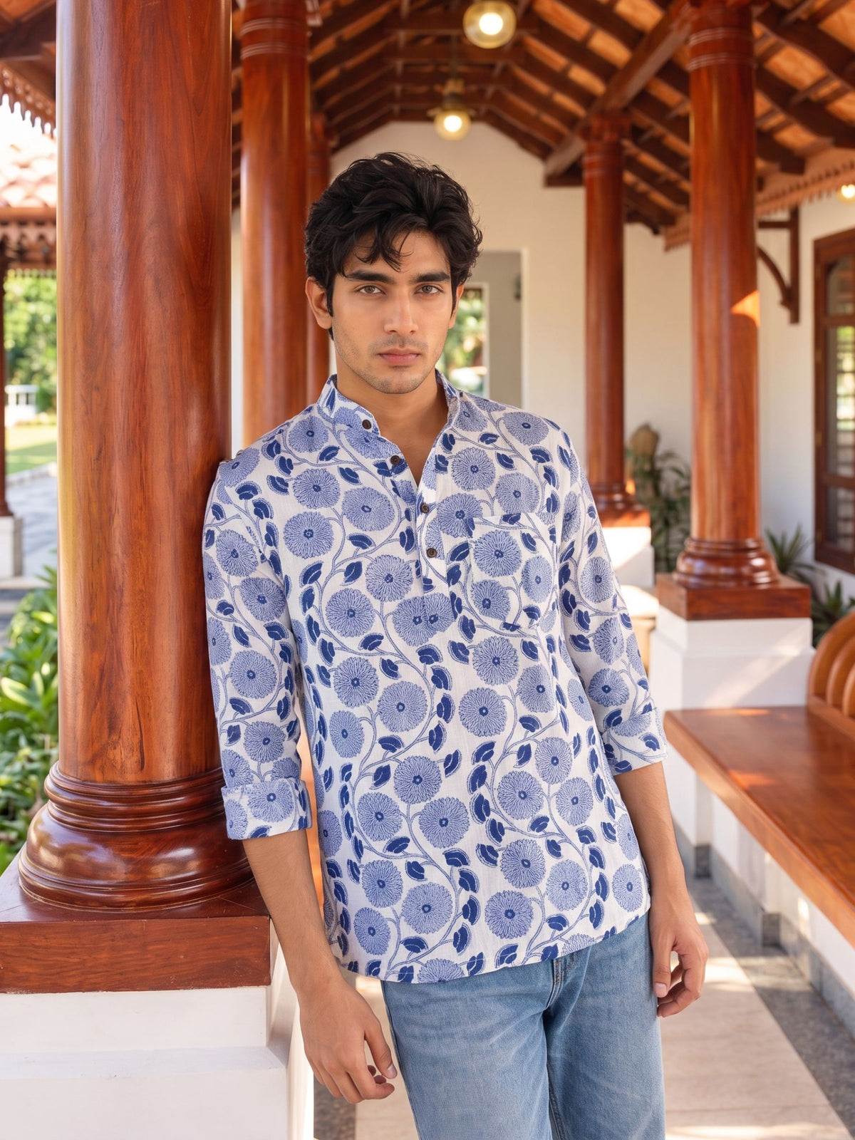 Blue Blossom – Printed Cotton Short Kurta