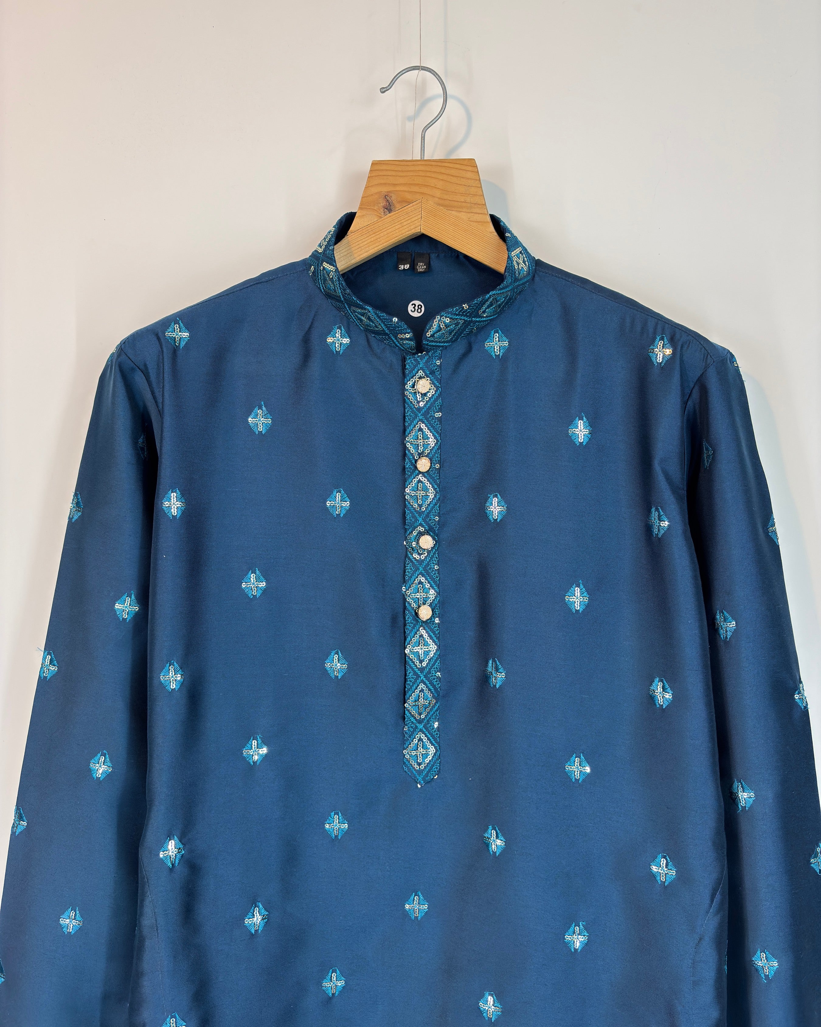 Men’s Heavy Designer Long Kurta Pajama – Midnight Blue Embroidered
