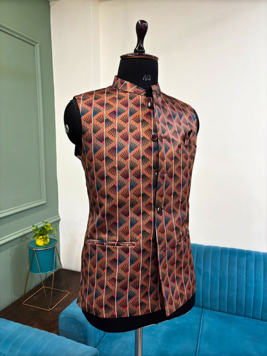 Men Brown Printed Nehru Jacket