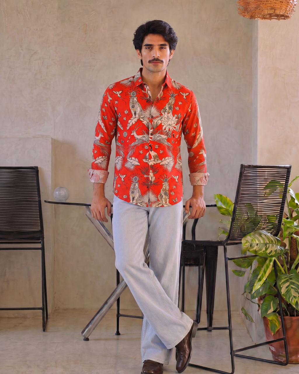 Crimson Jungle – Printed Cotton Full Sleeve Shirt